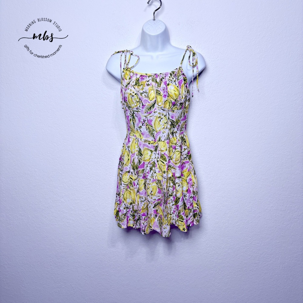 NWT Sky To Moon Floral Tie-Shoulder Mini Dress Yellow Pink‎ Women M